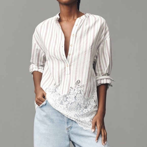 NWT Anthropologie Pilcro Striped Long-Sleeve Lacey Tunic Top - Picture 1 of 11